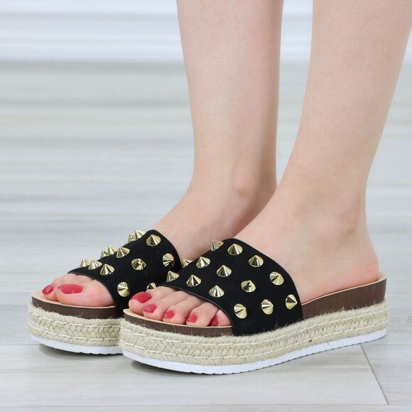 Black Platform Sandals Gold Studs Woven Midsole Chunky Sole Slip-On - Picture 1 of 11